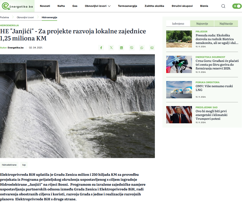 HE Janjići: Za projekte razvoja lokalne zajednice 1,25 miliona KM (Energetika.ba)